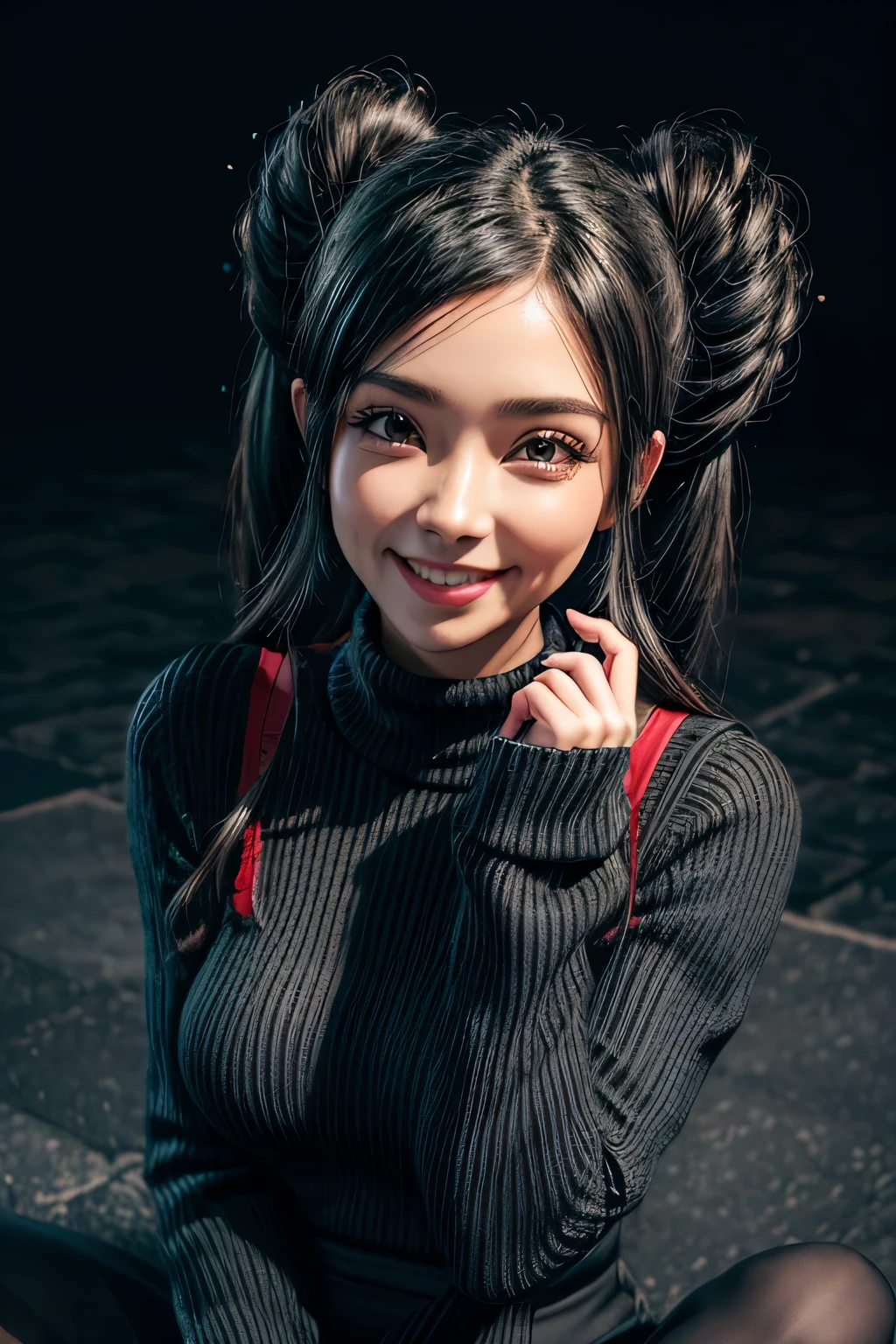 1;garota Tohsaka Rin,solo cabelo preto longo , red sweater , olhando para mim, happy smile expression, olhando para o espectador fundo azul, cabelo preto fundo simples dois lados para cima ,gola alta ,olhos azuis, lips closed mouth,fita de cabelo franja ,high collar sweater,parte superior do corpo , Distributed range ,fita preta ,Twintail ribbed sweater, nariz perfeito,pele bem detalhada,(((obra-Prima 3d)))