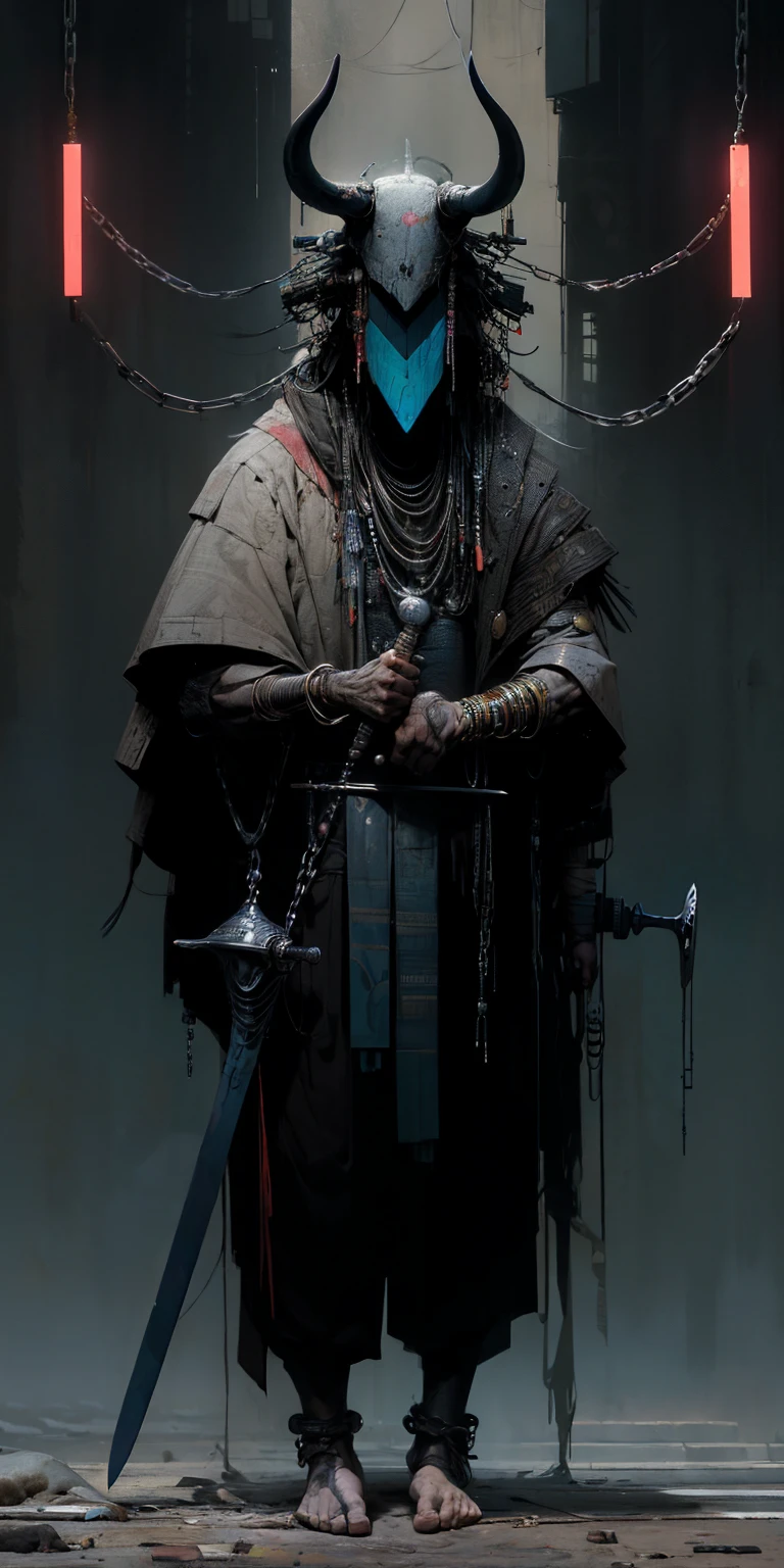 shiva, blue skin, perfect proportions, anatomically correct, (head to toe: 2.0), (full body image: 2.0), extremely stylized, deviant art, masterpiece, highly detailed, detailed eyes, expressive detailed eyes, detailed pupils, futuristic, ((horns)), ((pointy helmet)), (flightsuit:1.4), big boots, entire body image, full body shot, nvinkpunk, professional photograph of alexander_skarsgard, tassles, large beads, (large tassels), long chains, gold jewelry, cyberpunk, inkpunk, paint splatter, ink splatter, (action pose:1.0), ((holding a sword)), neon lights