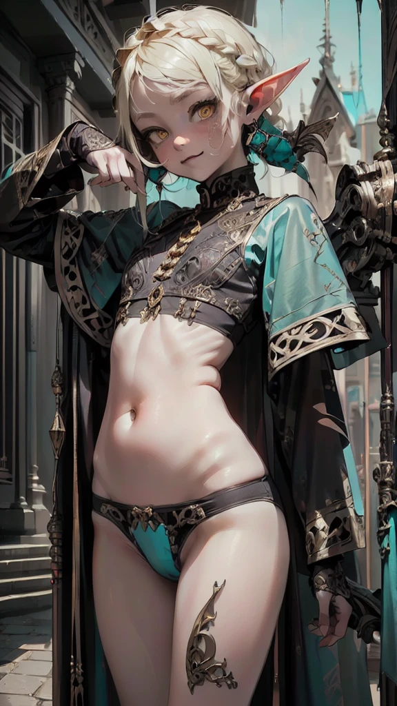 1,(1girl:1.5), very beautiful13-year-old:1.5,teenager,femboy,Libido girl,Female physiognomy,elf,(elf ears), (blonde archer), little boy,(((little girl,girl,???,??? only,,1boy, famale gender))), ((blonde hair:1.5,short detailed hair,short blonde hair with a braid,braid adorned with white flowers)),(((turquoise_eyes:1.3))),intricate eyes,beautiful detailed eyes,symmetrical eyes,big eyes:1.5,'s chest,((??? body,a little chubby,good anatomy,accurate body proportions,detailed shota body for young boy:1.3,))), Happy,(nsfw), ((silk)),(bandages on his hand, moon earrings),((silk panties)),(tiny bulge on panties),(ornamental bandages on his chest and arms),(((tramsparent clothes:1.5,intricate outfit,intricate clothes))), (dynamic pose:1.0),embarrassed,(centered,scale to fit dimensions,Rule of thirds), (( huge crystal transparent montain, sun, crystal forest, transparent crystal flowers, kundalini, ancient source energy, universe, galaxy, crystal planet)),scenery:1.25,((intricate scenery)), thick thighs, wide hips,cheeky panties, (Glossy silk ornaments),highres,sharp focus,(ultra detailed,extremely detailed),(photorealistic artwork:1.37),(extremely detailed CG unity 8k wallpaper),(((vibrant colors,vibrant theme))),(intricate),(masterpiece),(best quality),artistic photography,(photography taken by sldr),(intricate background),perfect rendered face,perfect face details,realistic face,photo realistic,analog style,((intricate detail)),(((realism))), (nsfw:0.55), ((flat chested, flat stomach, baby face)), (((vibrant colors))),((3d)), (intense colors)
