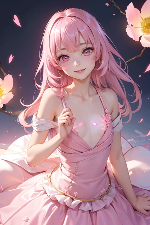 Very detailed CG Unity 8K wallpaper, Cute One lady, Mature hair、lady ,beautiful lady, pale skin (Super masterpiece, Beautiful person, well detailed face polluted smile, Photorealistic, hyper realisitic), 
(Pink gorgeous dress:1.7)、 smile、
Japanese background with light pink flowers and snow、Portrait、
(ref Eyes)、(flat chest:1.3)、(Glowing Skin:1.7)、Detailed eyes、Big eyes、Open your mouth、Hide your arm、
