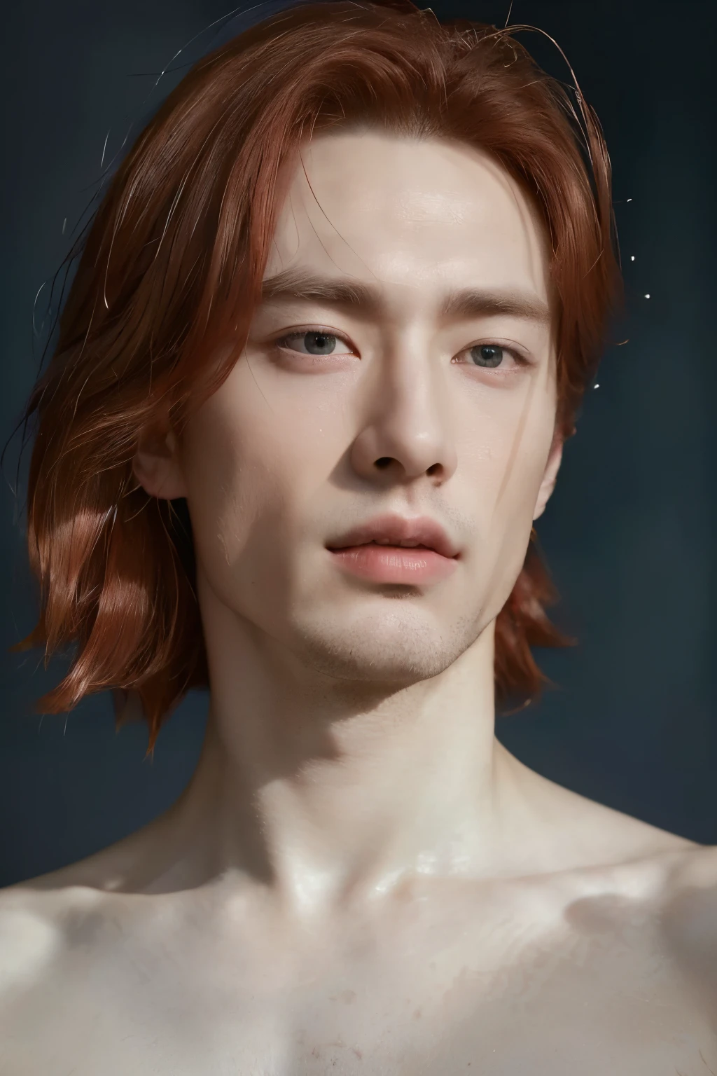 (8k, RAW photo, best quality, masterpiece:1.2), (realistic, photo-realistic:1.4), ultra-detailed, (high detailed skin:1.2), (asian) pale skin, white and red hair, handsome 1man,