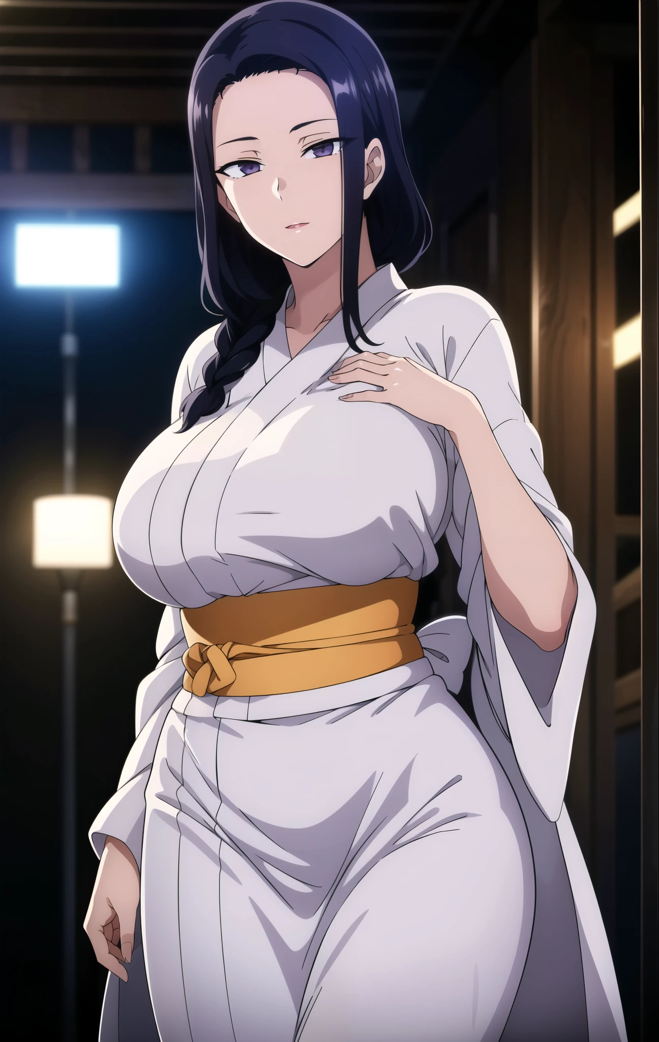 east asian architecture, Standing at attention, White kimono, black_hair, long_hair, hair_pulled_back,parted_lips,purple_eyes, braid, 1 girl, 20yo,Young female,Beautiful long legs,Beautiful body, Beautiful Nose,Beautiful character design, perfect eyes, perfect face,expressive eyes,perfect balance, looking at viewer,(Focus on her face),closed mouth, (innocent_big_eyes:1.0),(Light_Smile:0.3), official art,extremely detailed CG unity 8k wallpaper, perfect lighting,Colorful, Bright_Front_face_Lighting,White skin, (masterpiece:1.0),(best_quality:1.0), ultra high res,4K,ultra-detailed, photography, 8K, HDR, highres, absurdres:1.2, Kodak portra 400, film grain, blurry background, bokeh:1.2, lens flare, (vibrant_color:1.2),professional photograph, (Beautiful,large_Breasts:1.4), (beautiful_face:1.5),(narrow_waist),