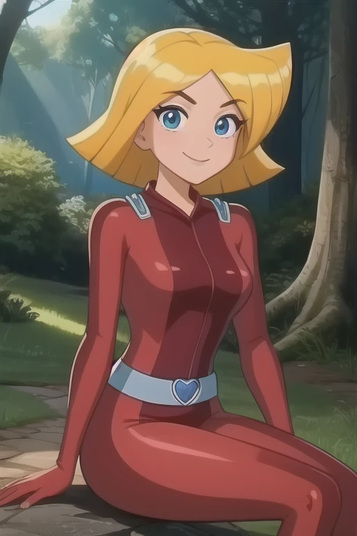 clover \(totally spies\), 1girl, solo,  blonde hair, short hair, blue eyes,
red bodysuit, belt,
smile,closed mouth,cowboy shot,sitting,
forest,outdoor,
(insanely detailed, beautiful detailed face, masterpiece, best quality) cinematic lighting,