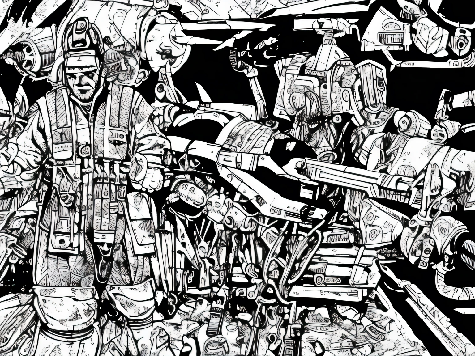 ((1 wonan, grey scale)), ballistic vest, sci-fi, pistol, tools, wrench, weapons, suit, speaking, worn out, mech pilot