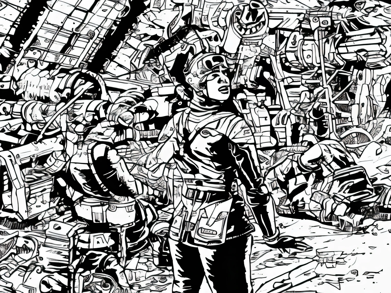 ((1 woman, grey scale)), ballistic vest, sci-fi, pistol, tools, wrench, weapons, suit, speaking, worn out, mech pilot