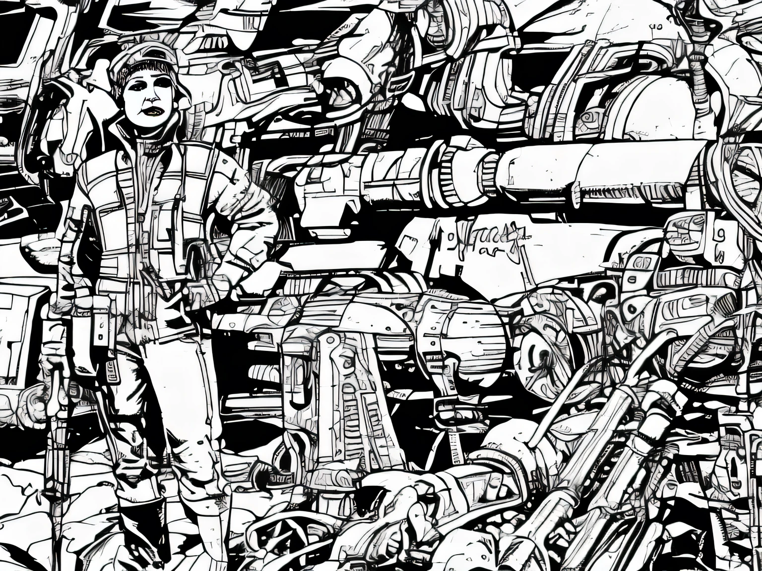 ((1 woman, grey scale)), ballistic vest, sci-fi, pistol, tools, wrench, weapons, suit, speaking, worn out, mech pilot