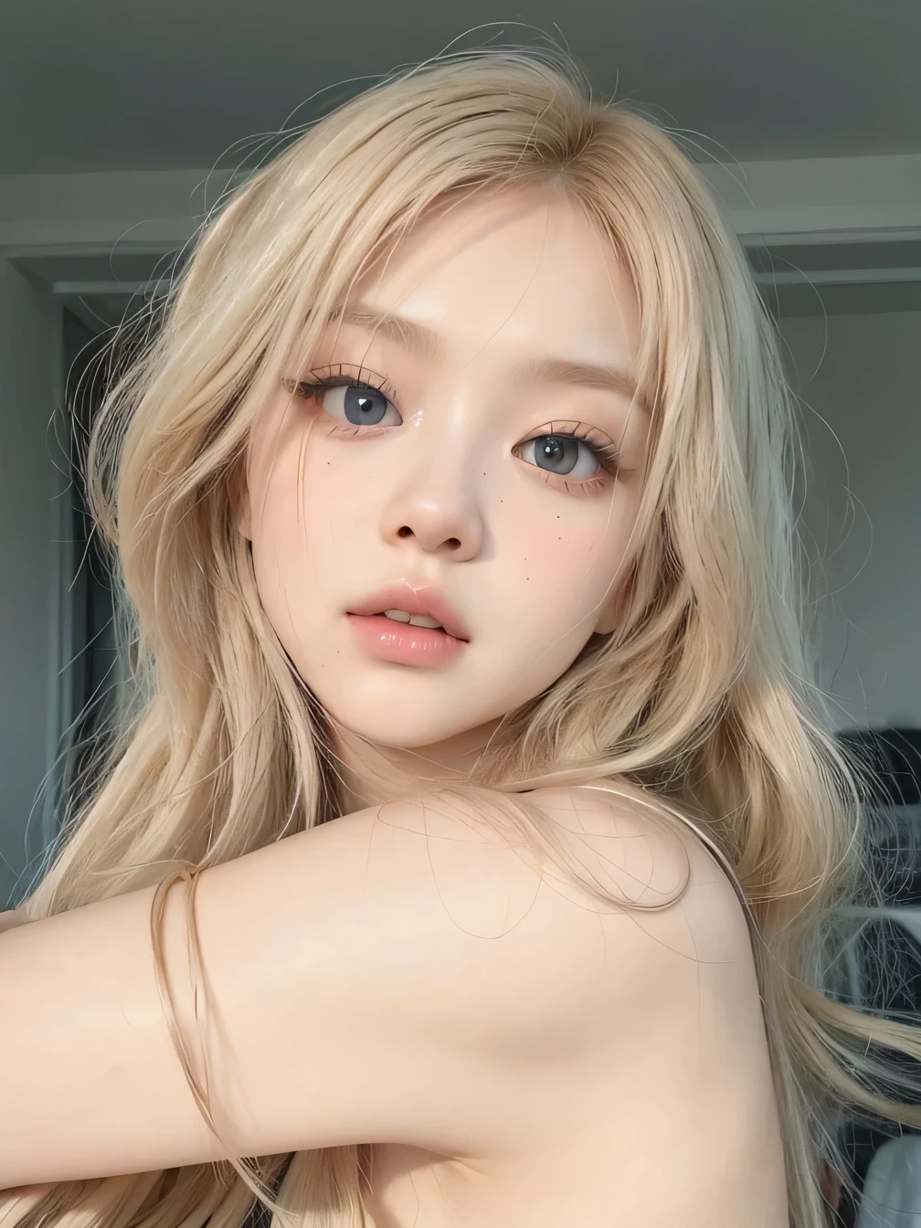 Rose from Blackpink, blonde hair, soft skin, big eyes, pale skin, long silky hair, realistic style