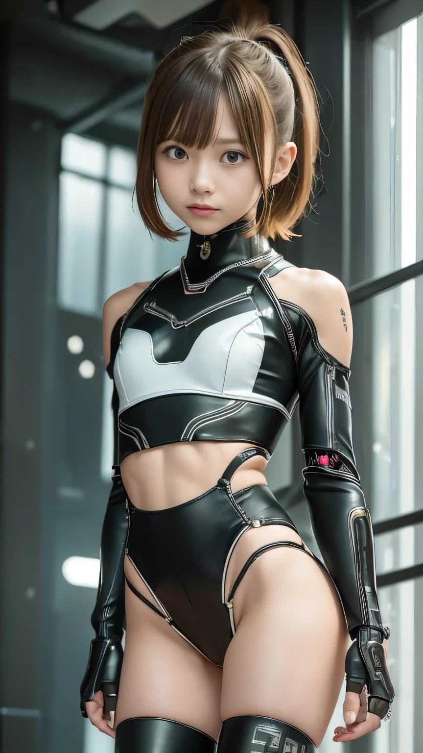 high quality, ​realistic masterpiece, ten girl backside, small skinny girl, long legs, Wearing futuristic robotic tactical shear armor cyberpunk suit with cutouts, skinny athletic body, innocent, playful, Famous actresses of Japan, bdsm, shibari, legs tied, wrists bound, cyberpunk, cute girl,