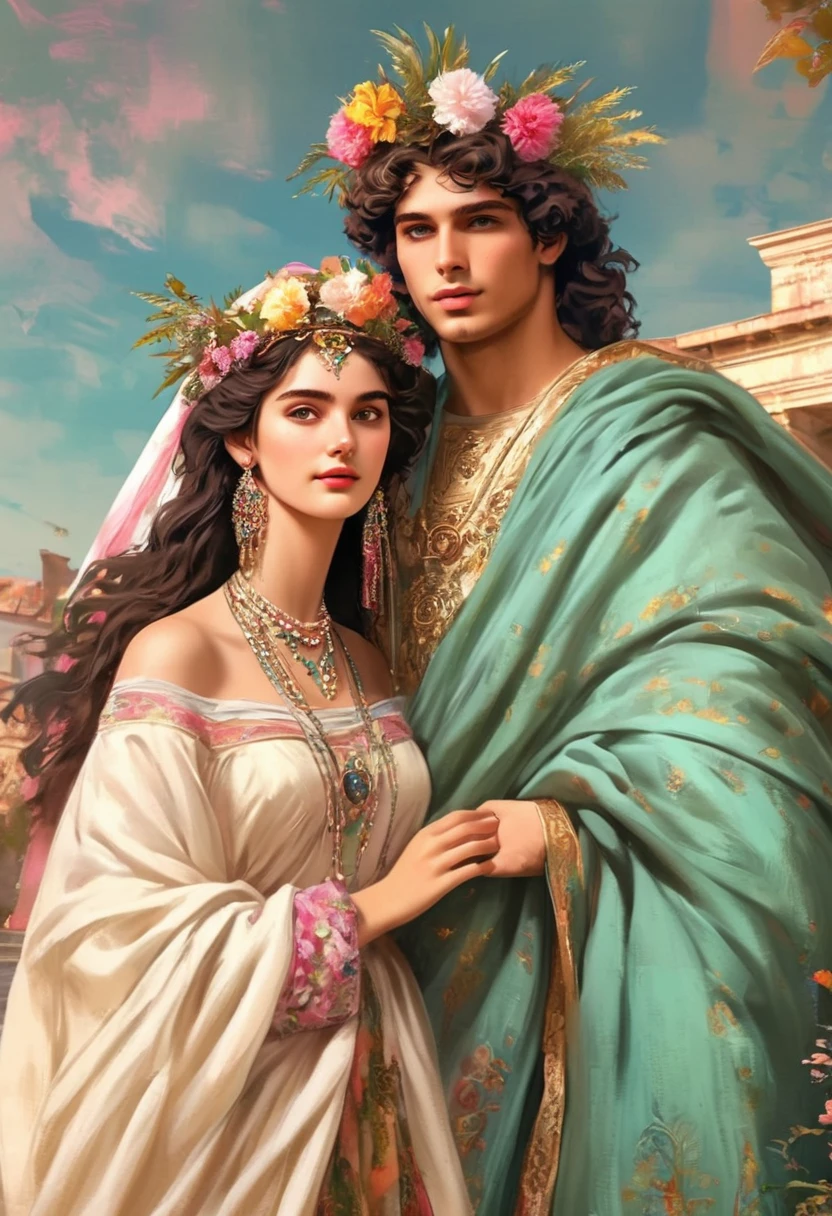 high quality realist authentic res anime vaporwave look piece very detailed with ancient early before early pre Roman latin very mediterranean look appearance having both italian man and woman-couple/lovers in their teens based on archaelogy hd high rez pre roman italy lush very luxuriant vivid bright full of life brilliant colors shades textures designs(masterpiece), withbest quality, expressive eyes, perfect face including all this also accurate to time place period with accurate ancient classical Italian dress/clothing.Accurate/realistic for BC Italy viviv bright vibrant lush luxuriant high detailing.