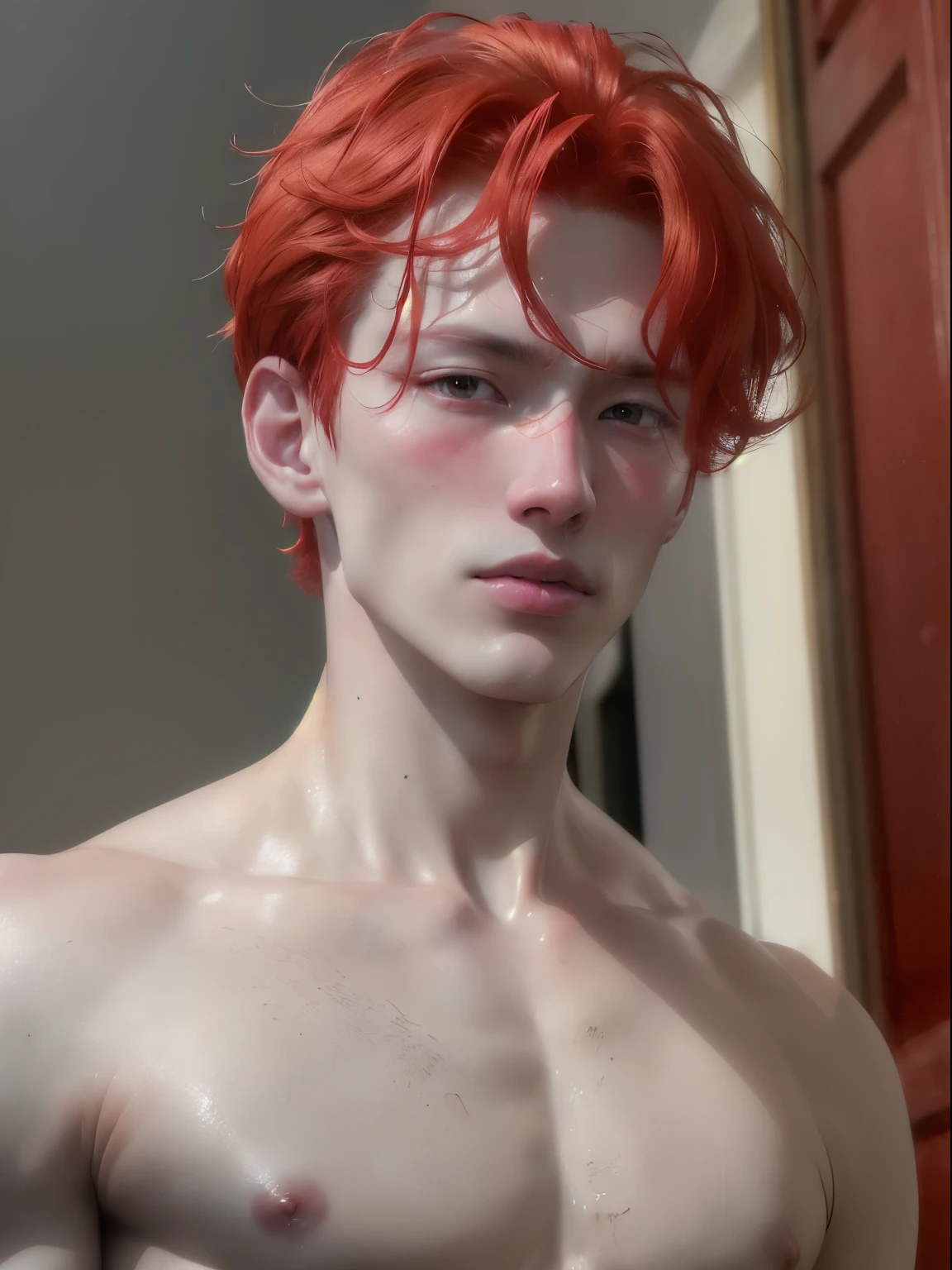 (8k, RAW photo, best quality, masterpiece:1.2), (realistic, photo-realistic:1.4), ultra-detailed, (high detailed skin:1.2), (asian) pale skin, blushing red makeup, white and red hair, handsome 1man,  