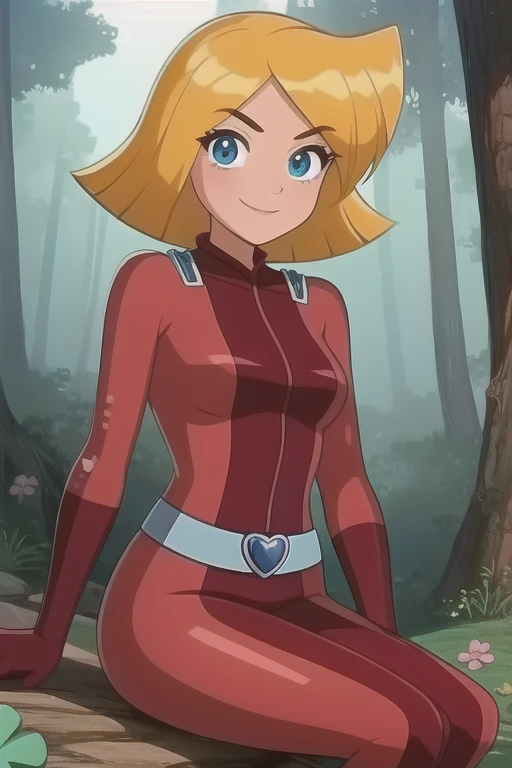 high colours, no blur,  clover \(totally spies\), 1girl, solo,  blonde hair, short hair, blue eyes,
red bodysuit, belt,
smile,closed mouth,cowboy shot,sitting,
forest,outdoor,
(insanely detailed, beautiful detailed face, masterpiece, best quality) cinematic lighting,