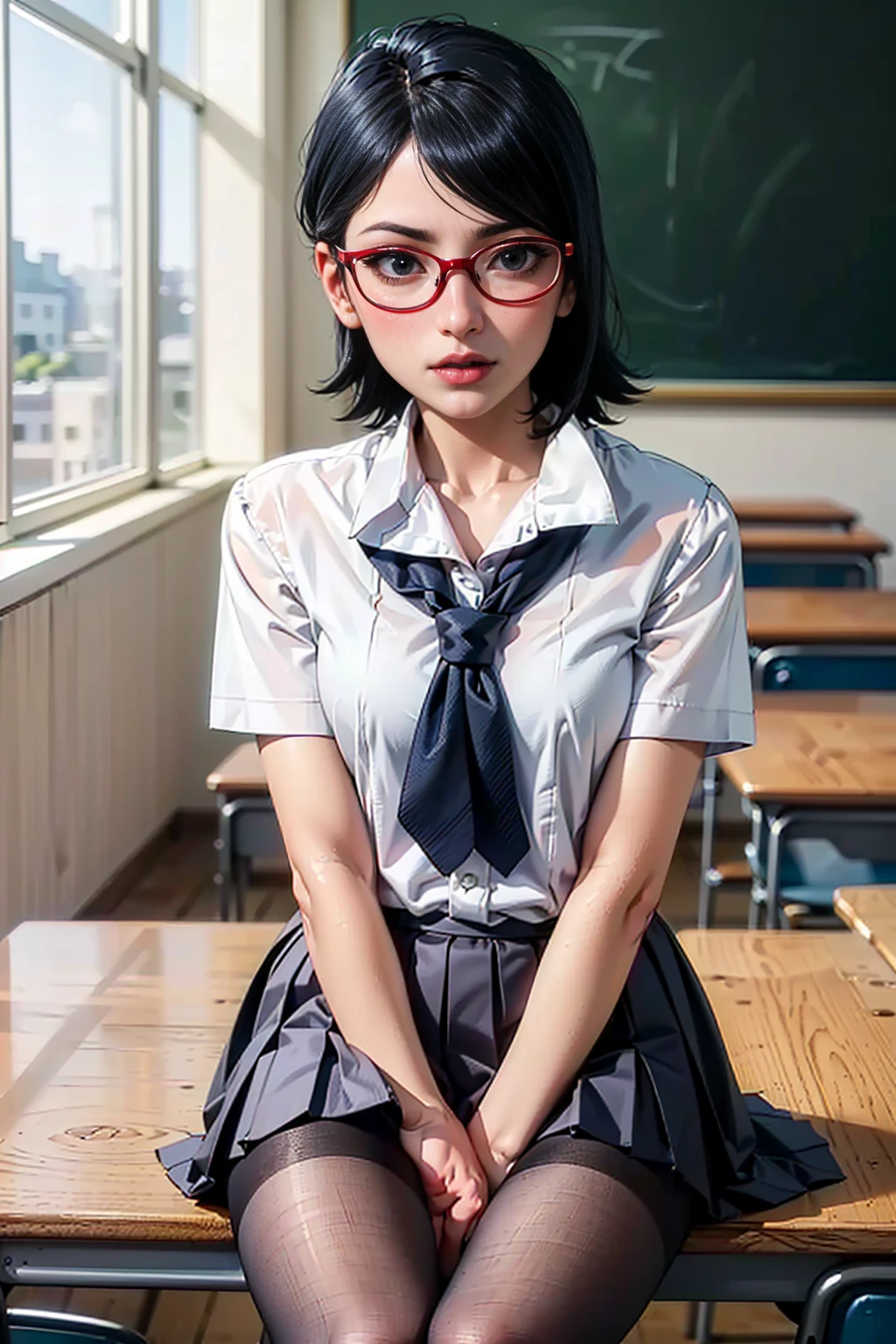 (1girl, Alone, alone), (WakatsukiRisa, sarada uchiha, black hair, short hair, Black eyes, red glasses), ((Alone, (1woman,pink lipstick, Black eyes), extremely detailed , Soft ambient lighting, 4K, perfect eyes, a perfect face, Perfect Lighting, the 1 girl)), ((fitness, , shapely body, athletic body, toned body)) , ((Japanese , white dress shirt, dark blue skirt, scarf tie, black pantyhose, sitting, classroom, blackboard, tables, window, shy))