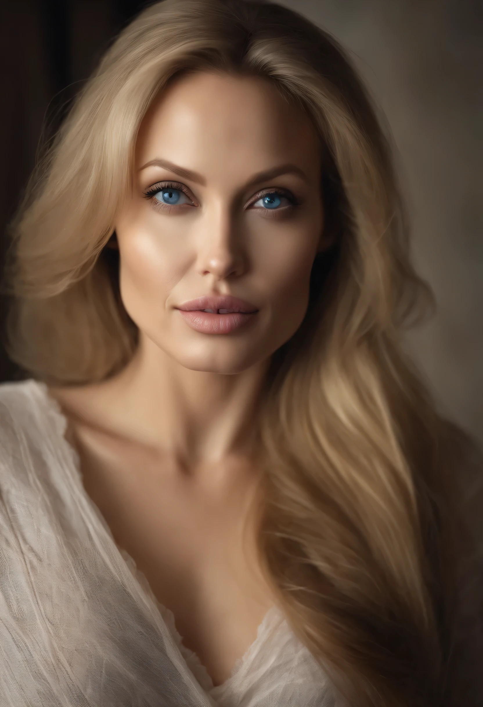 sexy girl with blue eyes, ultra realistic, carefully detailed, Portrait of Angelina Jolie, blonde hair and big eyes, selfie of a young woman, глаза in the bedroom, Violet Myers, without makeup, natural makeup, looking straight into the camera, face with artgram, subtle makeup, Stunning full body shot, kneeling on the bed, in the bedroom, large breast size