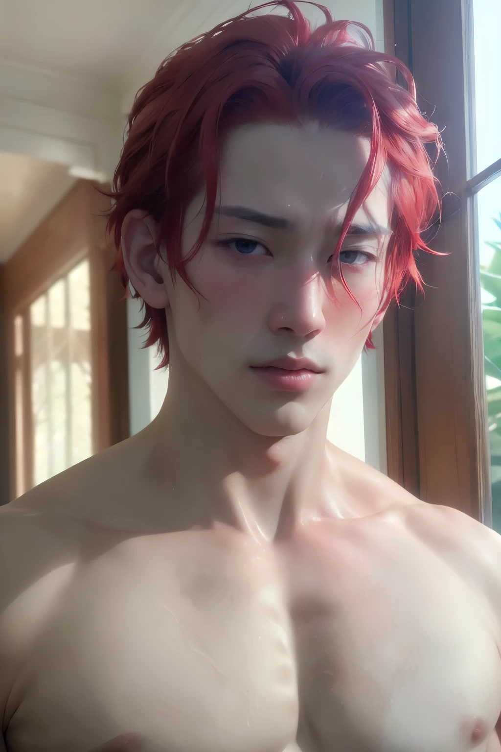 1boy, handsome, tall, thin, muscular, red hair, middle parted hair, cool face, jersey number "4", sharp eyes, showing off six pack, sweating, exhausted face, airy bakset, naked, cool boy, popular boy