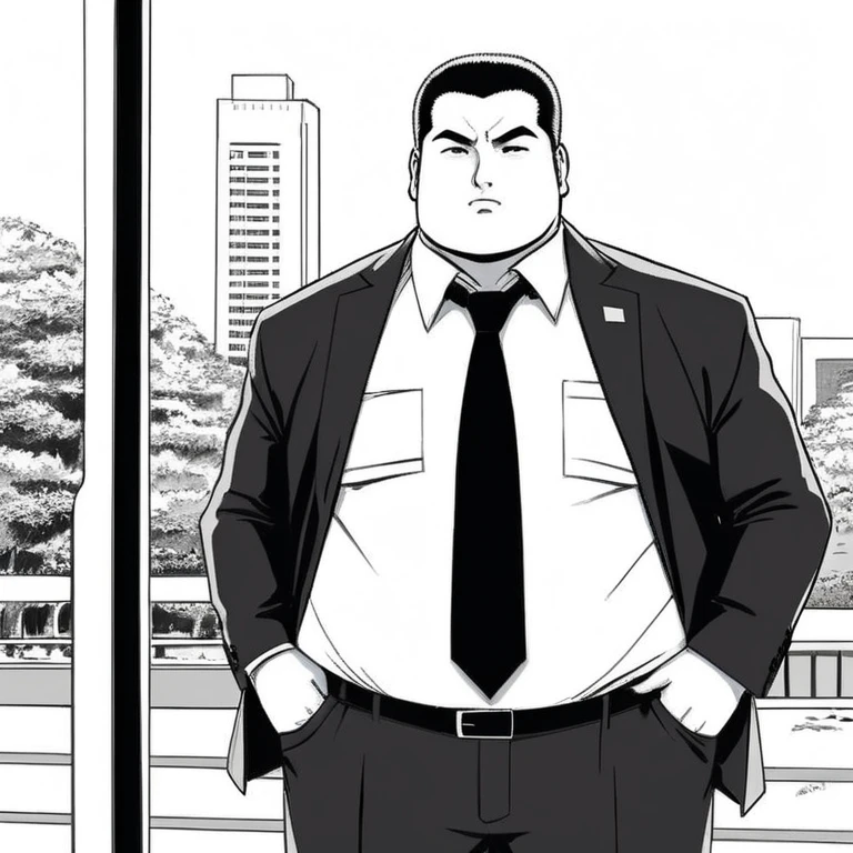 manga style art of In black and white 2d comic book drawing Only plump, chubby, extremely thick thighs, large belly, Japanese businessman, gordinho e atarracado, de 66 anos, ex-jogador de rugby, com cabelo curto e barba curta, in a suit and tie and competitive white swim pants, sentado em um banco em um parque tranquilo., vibrante, energia alta, detalhado, Iconic, Japanese comic style, manga