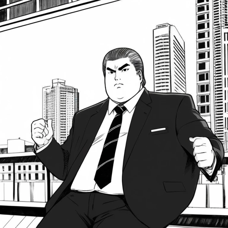 manga style art of In black and white 2d comic book drawing Only plump, chubby, extremely thick thighs, large belly, Japanese businessman, gordinho e atarracado, de 66 anos, ex-jogador de rugby, com cabelo curto e barba curta, in a suit and tie and competitive white swim pants, sentado em um banco em um parque tranquilo., vibrante, energia alta, detalhado, Iconic, Japanese comic style, manga