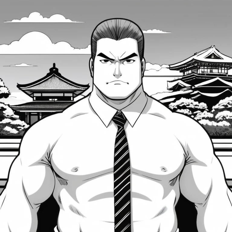 manga style art of In black and white 2d comic book drawing Only plump, chubby, extremely thick thighs, large belly, Japanese businessman, gordinho e atarracado, de 66 anos, ex-jogador de rugby, com cabelo curto e barba curta, in a suit and tie and competitive white swim pants, sentado em um banco em um parque tranquilo., vibrante, energia alta, detalhado, Iconic, Japanese comic style, manga