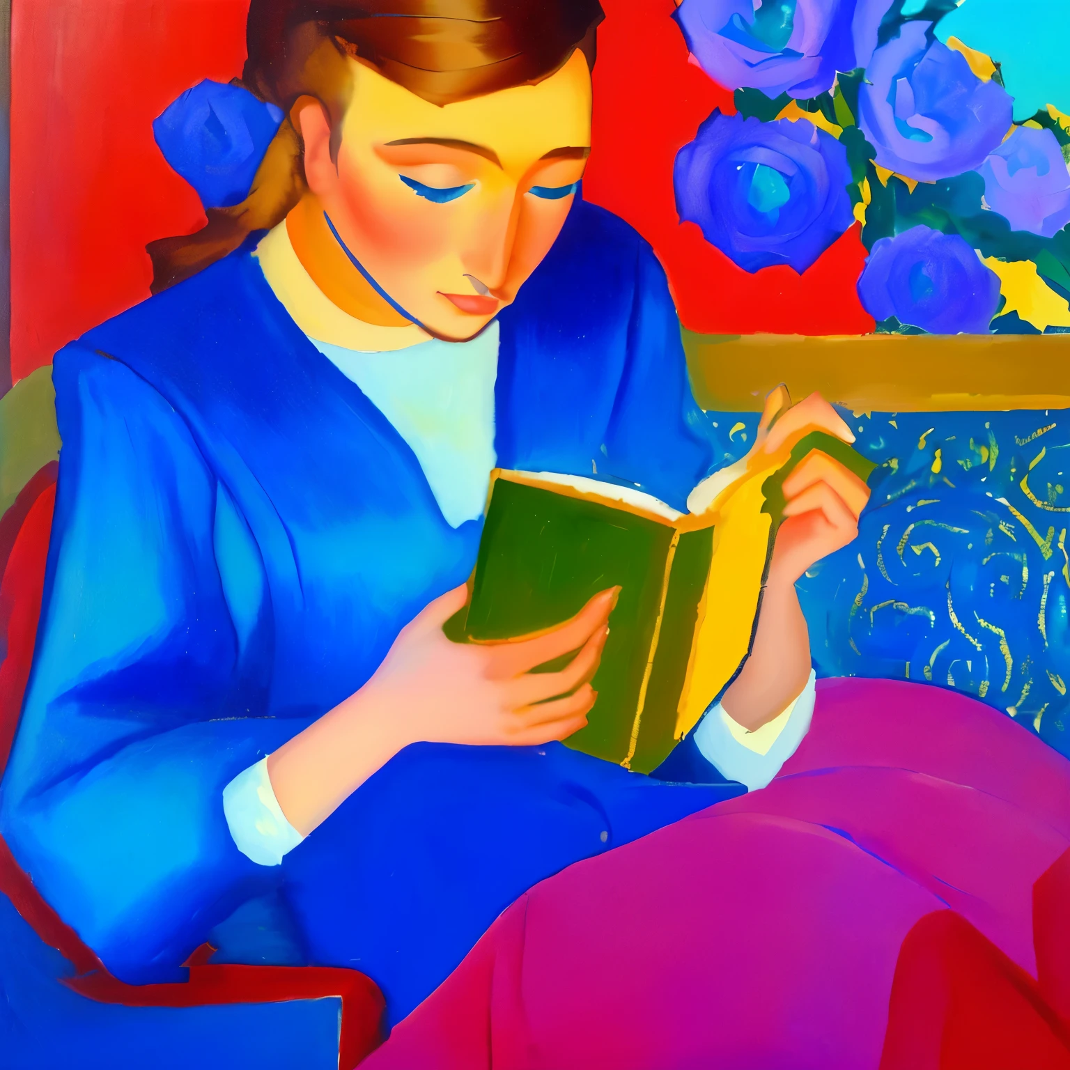 painting of a woman reading a book on a blue couch, by Gabriele Münter, inspired by Gabriele Münter, by Marianne von Werefkin, by Noémi Ferenczy, by Andre Derain, by Béni Ferenczy, by André Derain, reading, inspired by Noémi Ferenczy, by Maurice Boitel