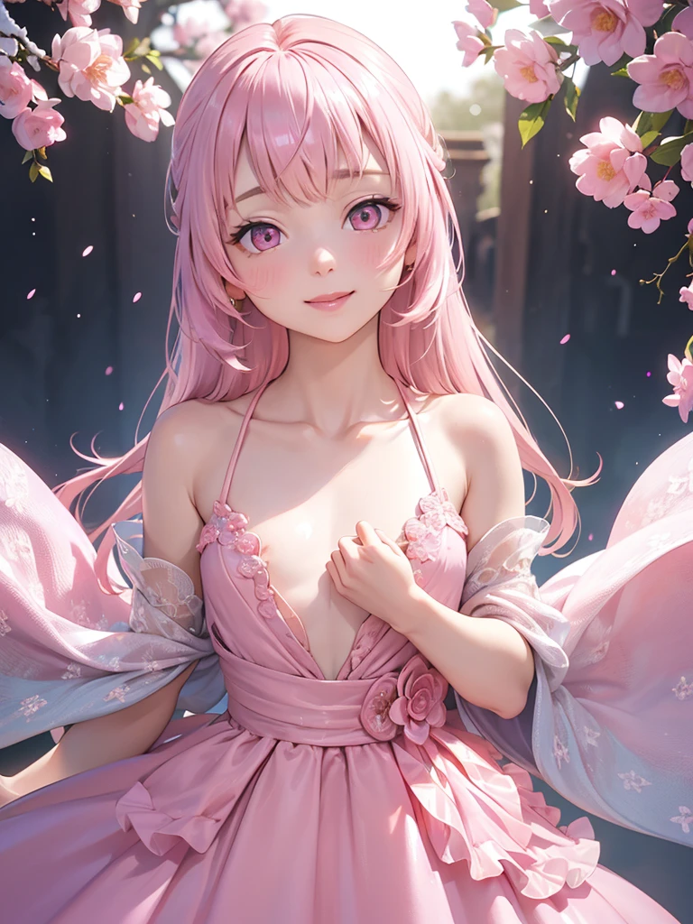 Very detailed CG Unity 8K wallpaper, Cute One lady, Mature hair、lady ,beautiful lady, pale skin (Super masterpiece, Beautiful person, well detailed face polluted smile, Photorealistic, hyper realisitic), 
(Pink gorgeous dress:1.7)、 smile、
Japanese background with light pink flowers and snow、Portrait、
(ref Eyes)、(flat chest:1.4)、(Glowing Skin:1.7)、Detailed eyes、Big eyes、Open your mouth、Hide your arm、
