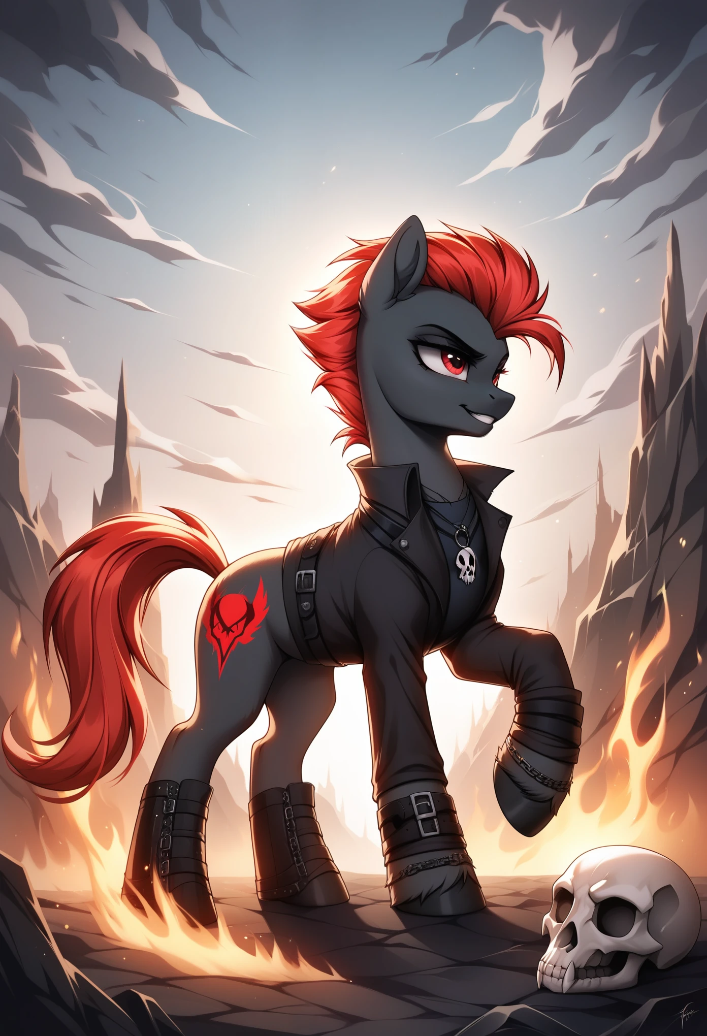 score_9, score_8_up, score_7_up, MLP, black fur, firey hair, red eyes, death, skull tattoo, desolate landscape, fire in the background, post-apocalyptic scene, only one pony, solo scene