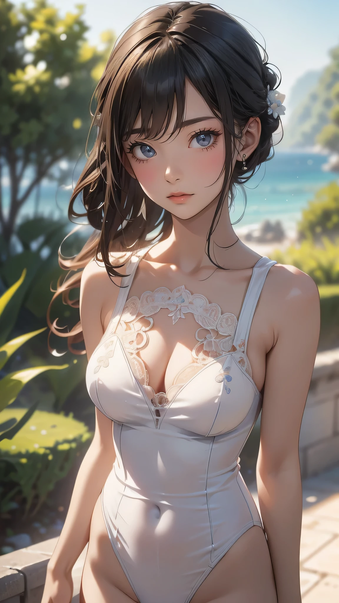 (embroidered lace swimsuit,see through),(random pose),(random hairstyle),(Highest image quality,(8k),ultra-realistic,best quality, high quality, high definition, high quality texture,high detail,beautiful detailed,fine detailed,extremely detailed cg,detailed texture,a realistic representation of the face,masterpiece,Sense of presence)