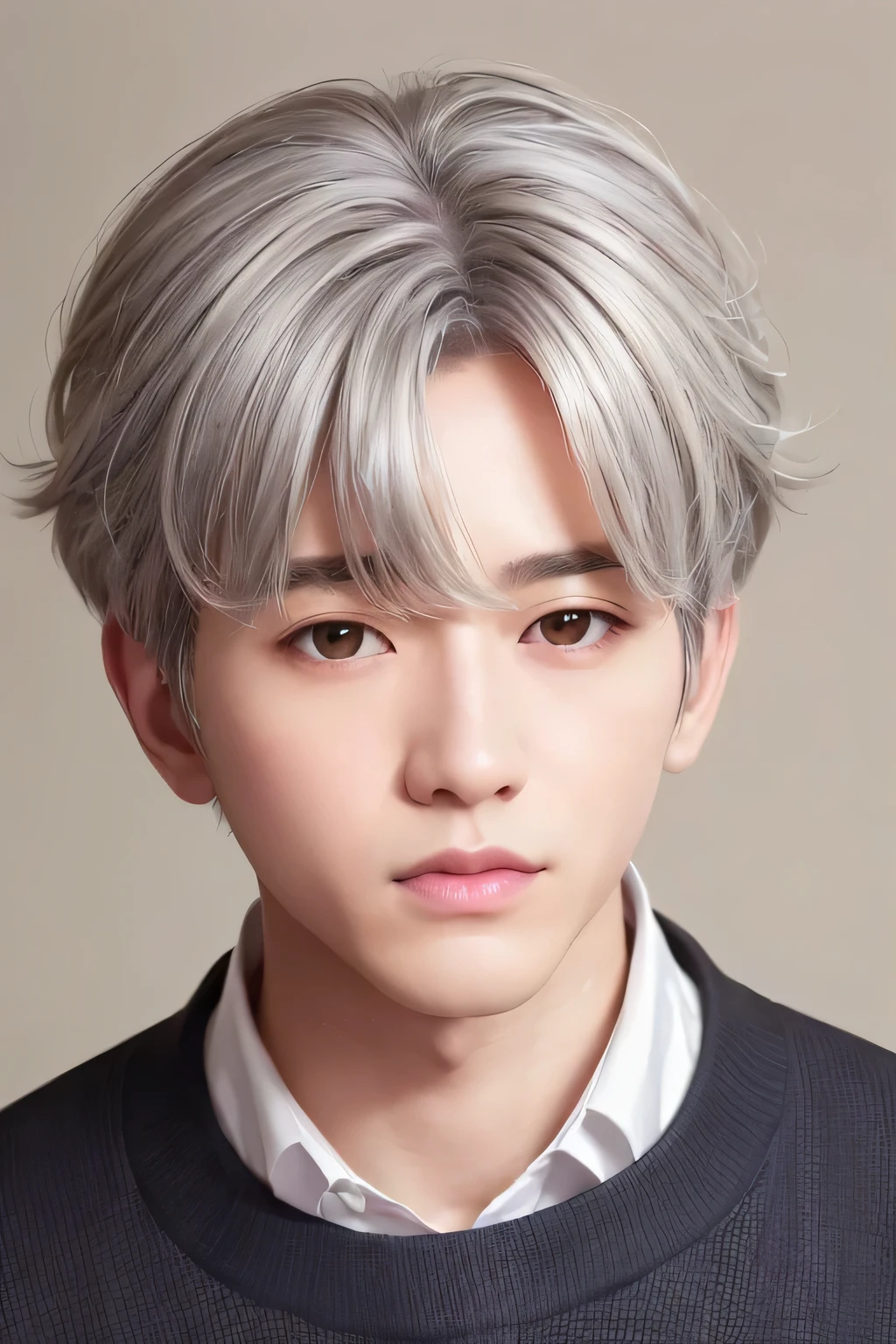 １male、、highest quality、masterpiece、8k、、Realistic Skin、(head shot:1.45)、、disheveled gray hair、(White dog ears)、、(Brown eyes)、Striped shirt