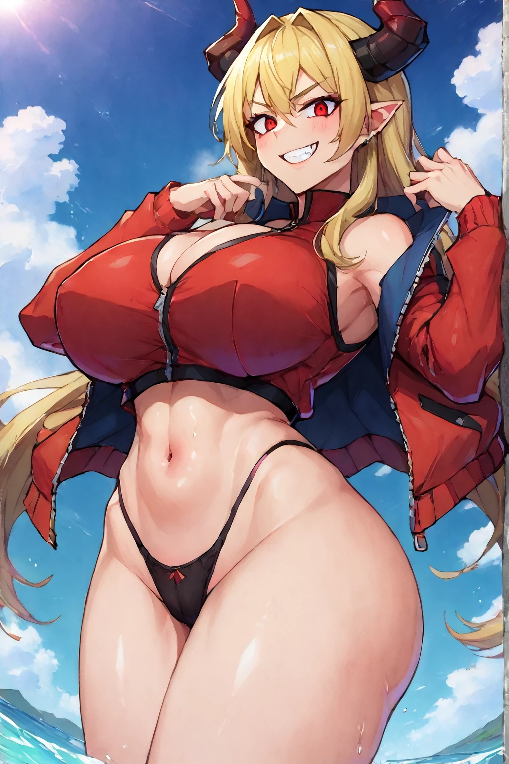 1girl, power_(chainsaw_man), solo, red_horns, horns, underwear, sharp_teeth, breasts, long_hair, panties, teeth, necktie, shirt, black_necktie, smile, symbol-shaped_pupils, hair_between_eyes, looking_at_viewer, cross-shaped_pupils, collared_shirt, thighs, black_panties, jacket, demon_horns, red_eyes, sky, large_breasts, see-through, thick_thighs, blonde_hair, grin