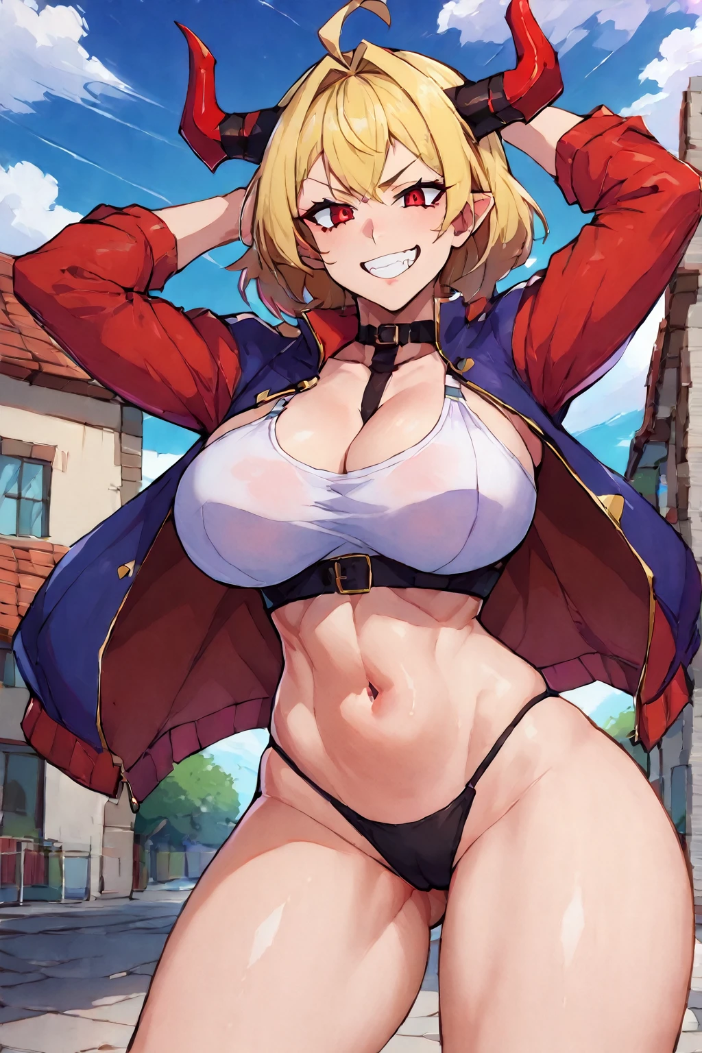 1girl, power_(chainsaw_man), solo, red_horns, horns, underwear, sharp_teeth, breasts, long_hair, panties, teeth, necktie, shirt, black_necktie, smile, symbol-shaped_pupils, hair_between_eyes, looking_at_viewer, cross-shaped_pupils, collared_shirt, thighs, black_panties, jacket, demon_horns, red_eyes, sky, large_breasts, see-through, thick_thighs, blonde_hair, grin