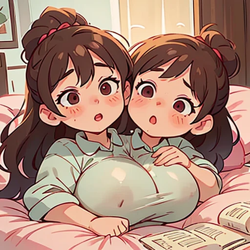 a comic page about a fully pajama wearing 24 year old extremely fat woman adjusting to her first night with her 40 year old busty mother as her second head on her immobile two headed body. She’s clearly uncomfortable with feeling her mother masturbate her now two headed 1200 pound morbidly obese body, using one hand to pleasure herself with her hand under the cover of the blanket as she watches a video on her phone. Her mother is telling her how much the two of them need this relief as she strokes them both, she’s looking deep into her daughter’s eyes as they share their first orgasm since mutating into a beautiful two headed conjoined mother and daughter.