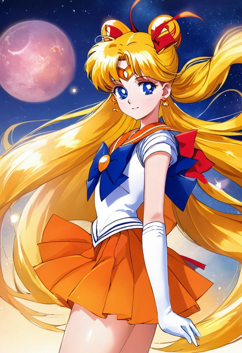 Sailor venus, blonde hair, blue eyes, red hair bow, tiara, earrings, sailor senshi uniform, white gloves, elbow gloves, blue bow, orange skirt, orange sailor collar, venus planet, anime style