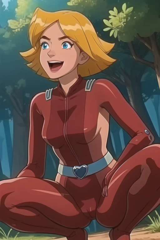high colours, no blur,  clover \(totally spies\), 1girl, solo,  blonde hair, short hair, blue eyes,
red bodysuit, belt,
smile, open mouth,cowboy shot, squatting,
forest,outdoor, spread legs, shy,
(insanely detailed, beautiful detailed face, masterpiece, best quality) cinematic lighting, cameltoe, back view, ass