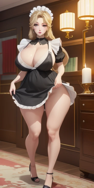 (masterpiece), best quality, Super detailed, Perfect hands, Perfect legs, Delicate eye expression, 1 Girl (assemble_Yaori, Sexy, 丰满Sexy身材, Huge breasts(((Cleavage)))8k, Wide hips,  , Long hair, Eye(空洞的Eye)), Expressionless,open mouth,Saliva flows alone,, whole body,maid(Black, Mini skirt),((Expose))maid headdress, skirt lift,  In the middle of the night, Living room hallway(hidden, Only candles are glowing), walk,Sexy waist teasing,