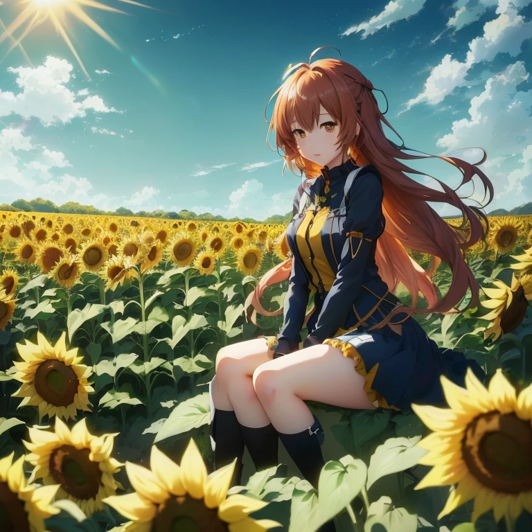 anime girl sitting in a field of sunflowers with a blue sky in the background, beautiful sunflower anime girl, scene : sunflower field, scene: sunflower field, official anime artwork, official anime still, official artwork, badass anime 8 k, rin, official art, anime visual of a cute girl, 4k anime wallpaper, hd anime wallaper, anime wallpaper 4k