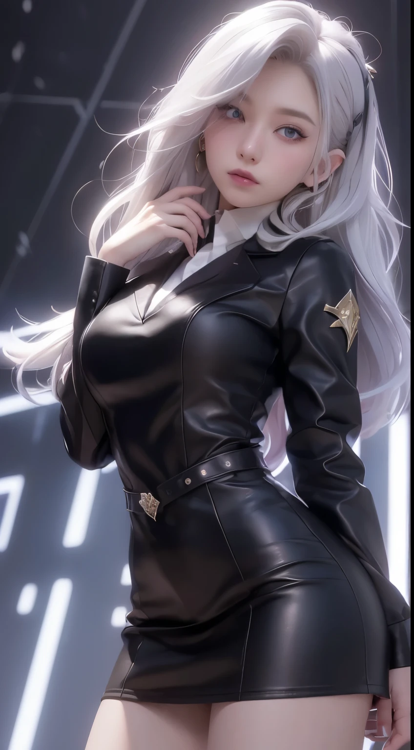 (ultra realistic,32k,RAW photo:1.1),(high detailed skin:1.1), 8k uhd, dslr, high quality, film grain, (makeup, mascara:1.1), lips,(thick\lips\),
(shiny glossy translucent clothing:1.1), <lora:iori_ba:0.7>iori ba, 1girl, gloves, ribbon, heart hands, long hair, black gloves, collared shirt, halo, white shirt, solo, shirt, long sleeves, armband, heart, pointy ears, black necktie, necktie, <lora:add_detail:0.96>, huge breast,
Standing with hands on the hips, one foot forward, (upper body:1.1)
(busty:1.1) , (chubby:0.1),(lighting:1.2),<lora:LowRA:0.4>, dark theme, celestial observatory, cosmic wonders, starry skies, unraveling mysteries