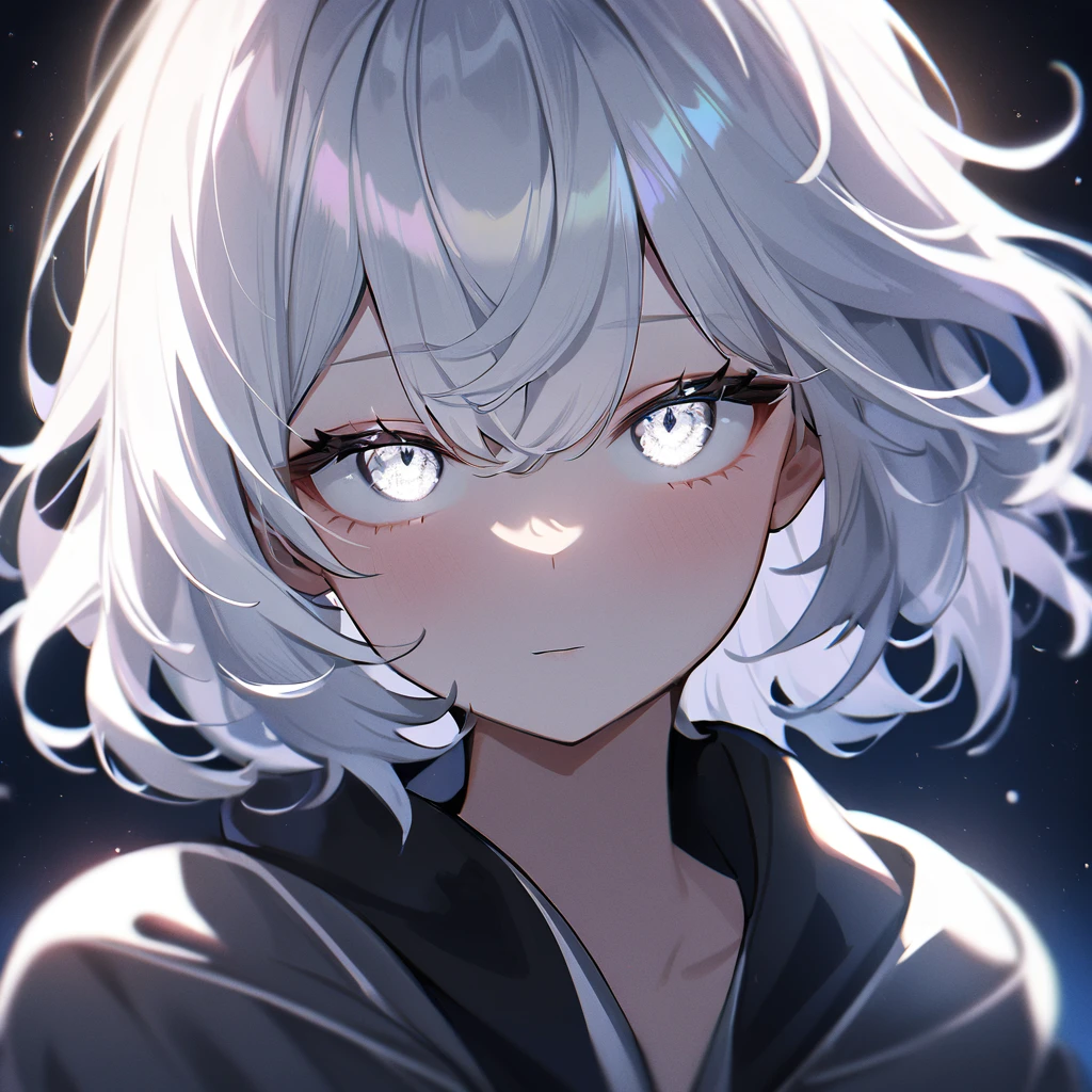 1 girl,White hair,White eyes,deep eyes,Introvert,very aesthetic, absurdres,looking at viewer,Whitesilver,shiny, midnight midnight,medium hair