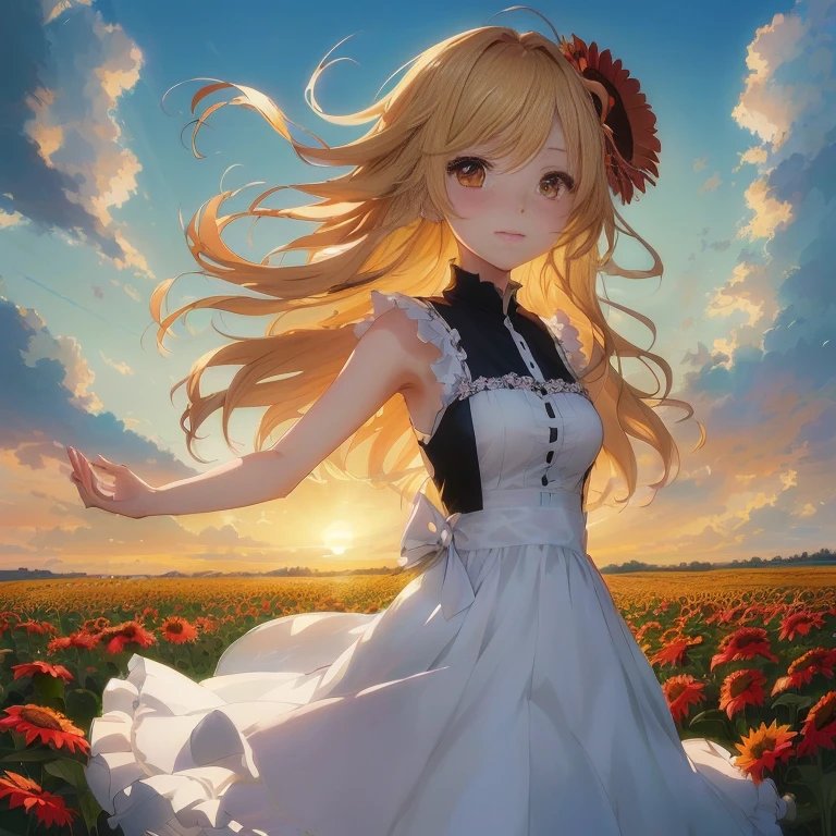 anime girl in a field of flowers with a sun setting in the background,  in dress, rin, official art, beautiful sunflower anime girl, official anime artwork, anime visual of a cute girl, official artwork, cushart krenz key art feminine, cute anime waifu in a nice dress, blonde anime girl with long hair, epic light novel art cover