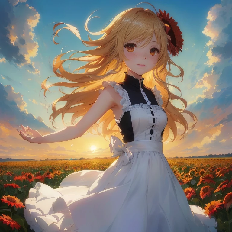 anime girl in a field of flowers with a sun setting in the background, in dress, rin, official art, beautiful sunflower anime girl, official anime artwork, anime visual of a cute girl, official artwork, cushart krenz key art feminine, cute anime waifu in a nice dress, blonde anime girl with long hair, epic light novel art cover