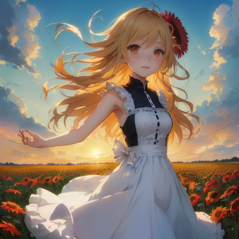anime girl in a field of flowers with a sun setting in the background,  in dress, rin, official art, beautiful sunflower anime girl, official anime artwork, anime visual of a cute girl, official artwork, cushart krenz key art feminine, cute anime waifu in a nice dress, blonde anime girl with long hair, epic light novel art cover