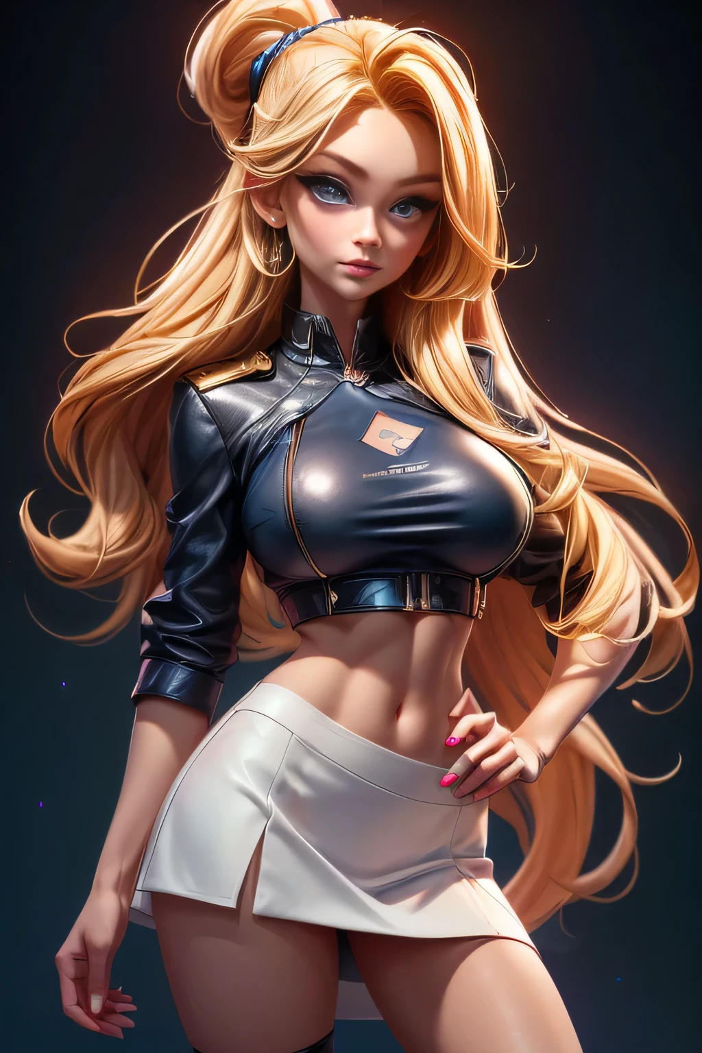 ((supermodel pose one hand on hip)) ((magnificent, majestic)) ((the most beautiful russian supermodel)) ((tan skin)) ((cute smile)) ((Big blue eyes)) ((very dark eyeshadows makeup)) ((bright red lips)), ((long straight blonde hair, bright hair:1.3)) ((big breast:1.6)) ((slender body:1.3)) ((wear crop top,leather jacket and skirt)) ((inside photo studio with black background and light reflectors on her)), ((high definition:1.5) ((masterpiece:1.5))((8k:1.5)) ((Best quality:1.4)), more_details:-1, more_details:0, more_details:0.5, more_details:1, more_details:1.5, more prism, vibrant color,