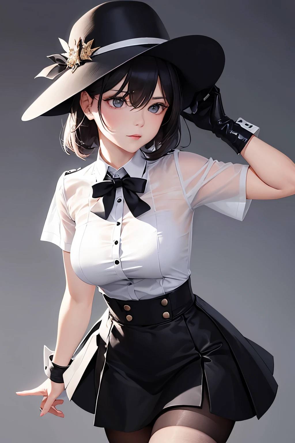 Kimi donned a black glove on each hand and a pristine white shirt, completing the outfit with a tie that hung gracefully from the top. The bottom half of her ensemble consisted of a short black skirt, underneath which she wore compact black tights to prevent any potential wardrobe malfunctions from her voluminous chest, which threatened to burst the buttons.