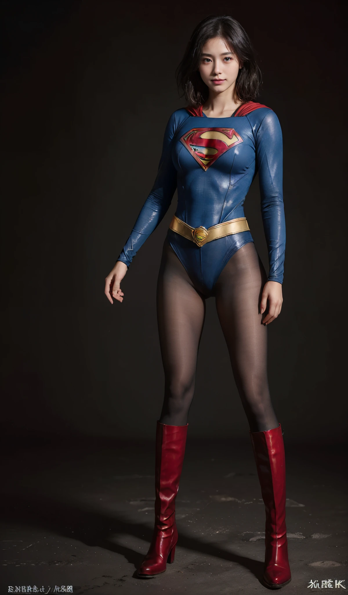 No background、(((Beautiful legs in black tights.)))、(((Legally express the beauty of your smile)))、((((Make the most of your original images)))、(((Supergirl Costume)))、(((Beautiful short bob hair)))、(((suffering)))、(((Please wear black tights....、Wear red boots)))、((Best image quality、8k))、((highest quality、8k、masterpiece:1.3))、(((Preserve background )))、Sharp focus:1.2、Beautiful woman with perfect figure:1.4、Slim Abs:1.2、Wet body:1.5、Highly detailed face and skin texture、8k