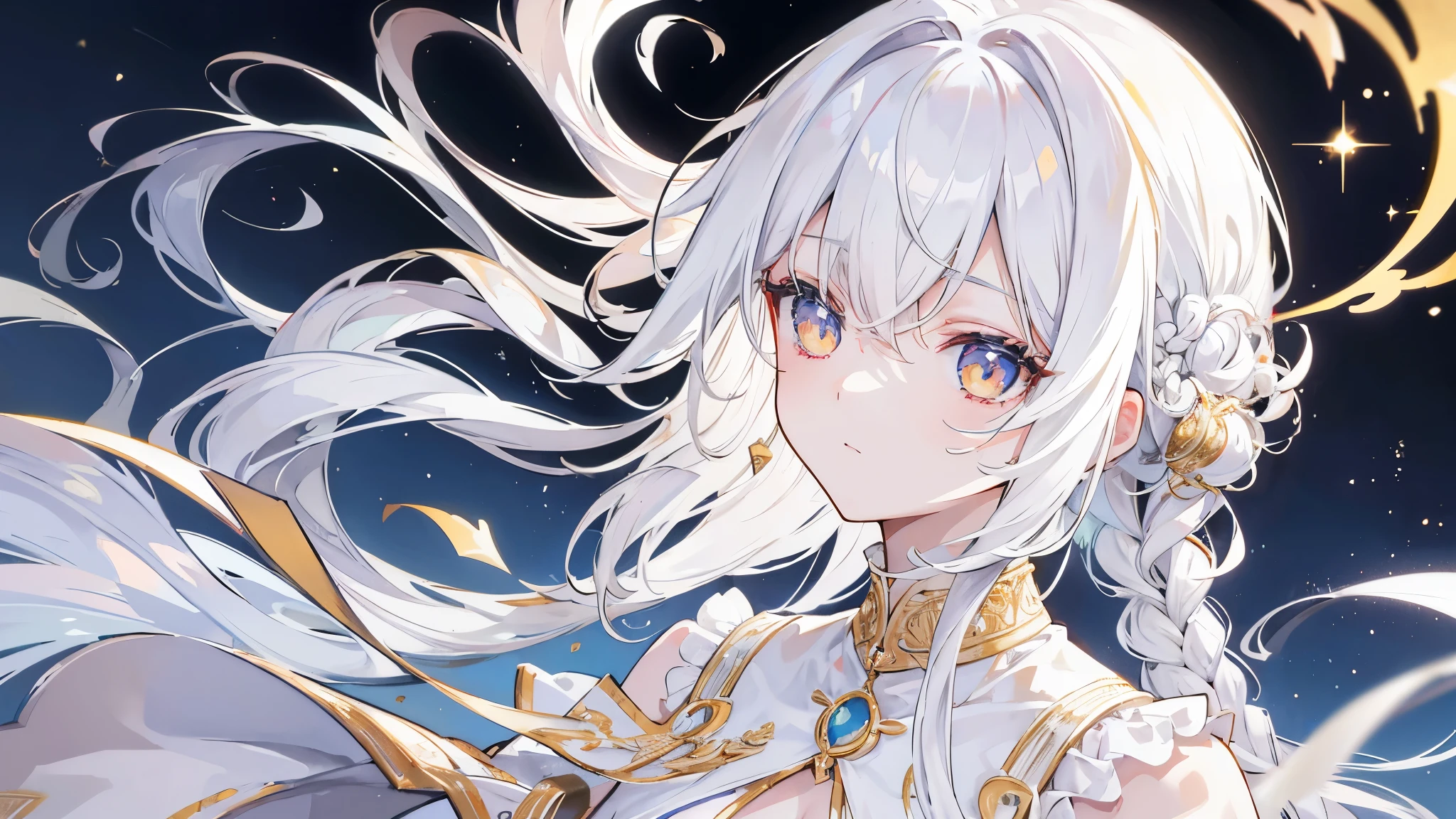 best quality, masterpiece,white hair, gold eyes,white clothes, looking up, upper body,hair strand,Fair skin,side braids