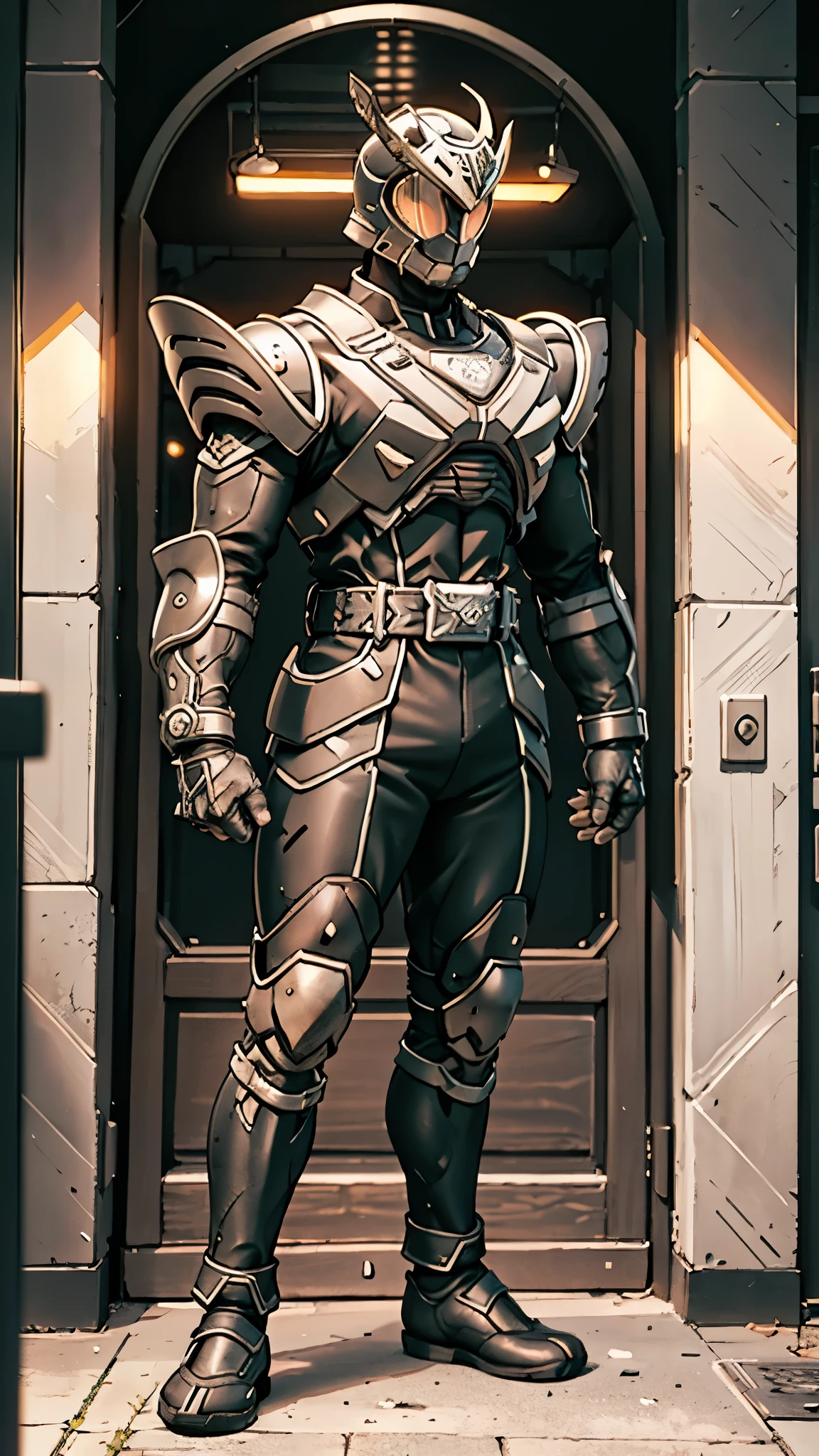 A man wearing a full-face helmet, a fantasy-style biomecha armored combat suit, green eyes, a composite layered chest armor, fully enclosed shoulder guards, matching arm and leg guards, the belt is adorned with dragon claw grasping orbs, primarily black with red accents, the design balances heavy with agility, a high-tech biological armor, concept inspired by dragons, stands on the skyscraper of a futuristic high-tech city, this character embodies a finely crafted fantasy-surreal style armored hero in anime style, exquisite and mature manga art style, ((male:1.5)), metallic, real texture material, dramatic, high definition, best quality, highres, ultra-detailed, ultra-fine painting, extremely delicate, professional, perfect body proportions, golden ratio, anatomically correct, symmetrical face, extremely detailed eyes and face, high quality eyes, creativity, RAW photo, UHD, 32k, Natural light, cinematic lighting, masterpiece-anatomy-perfect, masterpiece:1.5