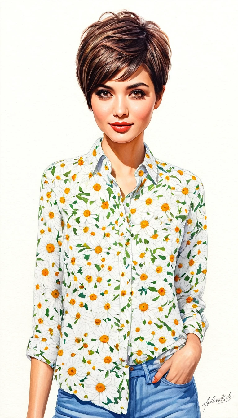 crea una mujer de pelo corto pixie,con camisa de flores, obra maestra, estilo ilustracion de Ali Erturk, alto detalle, hiperrealista, luz natural,ilustracion , colores llamativos