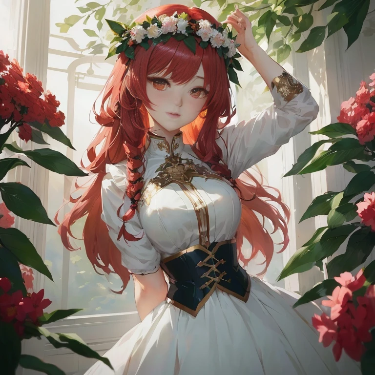anime girl in white dress with red hair and flower crown, guweiz on pixiv artstation, guweiz on artstation pixiv, cute anime waifu in a nice dress, guweiz, beautiful anime portrait, artwork in the style of guweiz, beautiful anime girl, cushart krenz key art feminine, rias gremory