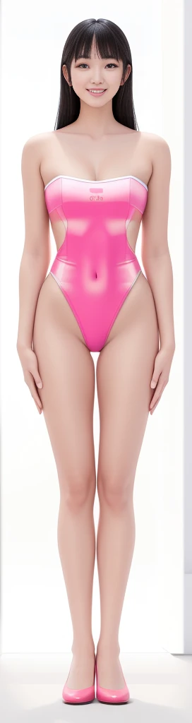 On a white background，A tall and beautiful Chinese girl，with fair skin，Toothy smile，A big smile，When you laugh, Your eyes are crescent-shaped，blunt bangs, long straight hair，Wear a one-piece swimsuit and pumps，Swimsuits are decorated with joyful patterns, Stand up straight，Stand upright，hands on sides，Symmetrical distribution，Ray tracing，All shaded areas，No windows, Soft lighting, Warm light, flood light, n, Studio light, 1.4x Realistic Ultra HD