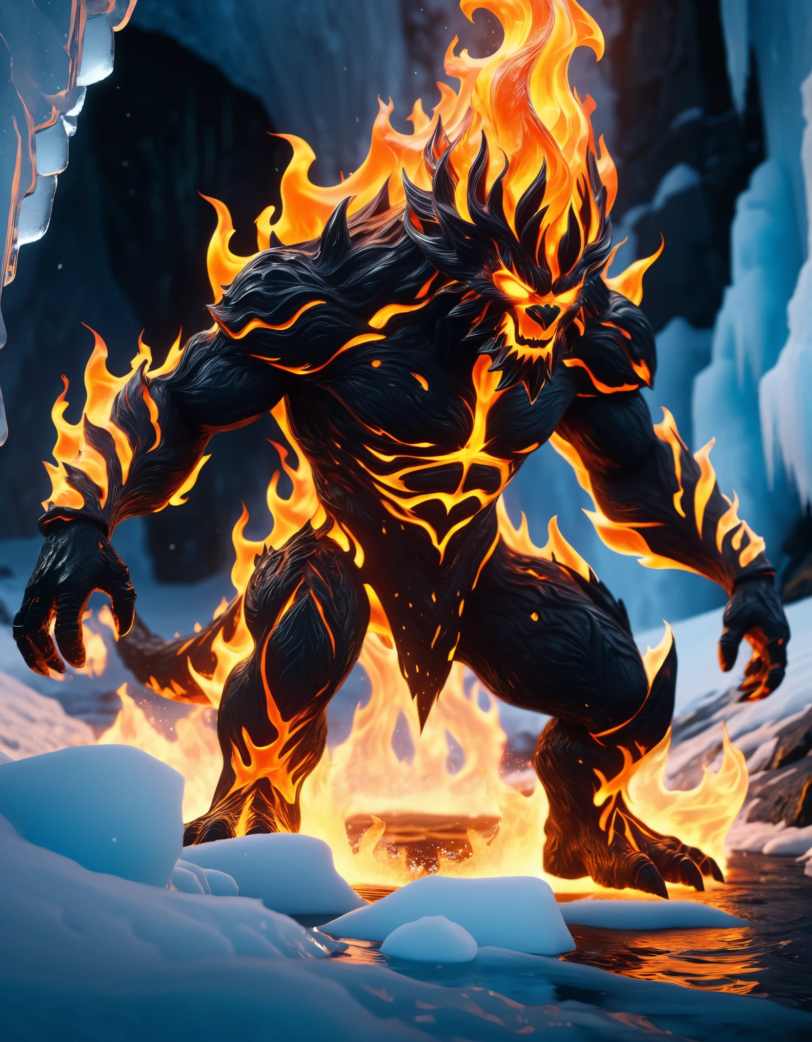 fire elemental emerging from a lava pit in ice fjord,climbing pose,perfect anatomy,snow,cinematic lighting,(masterpiece:1.2),8k,(hyperdetailed, highest detailed:1.2),high resolution textures,mad-flames