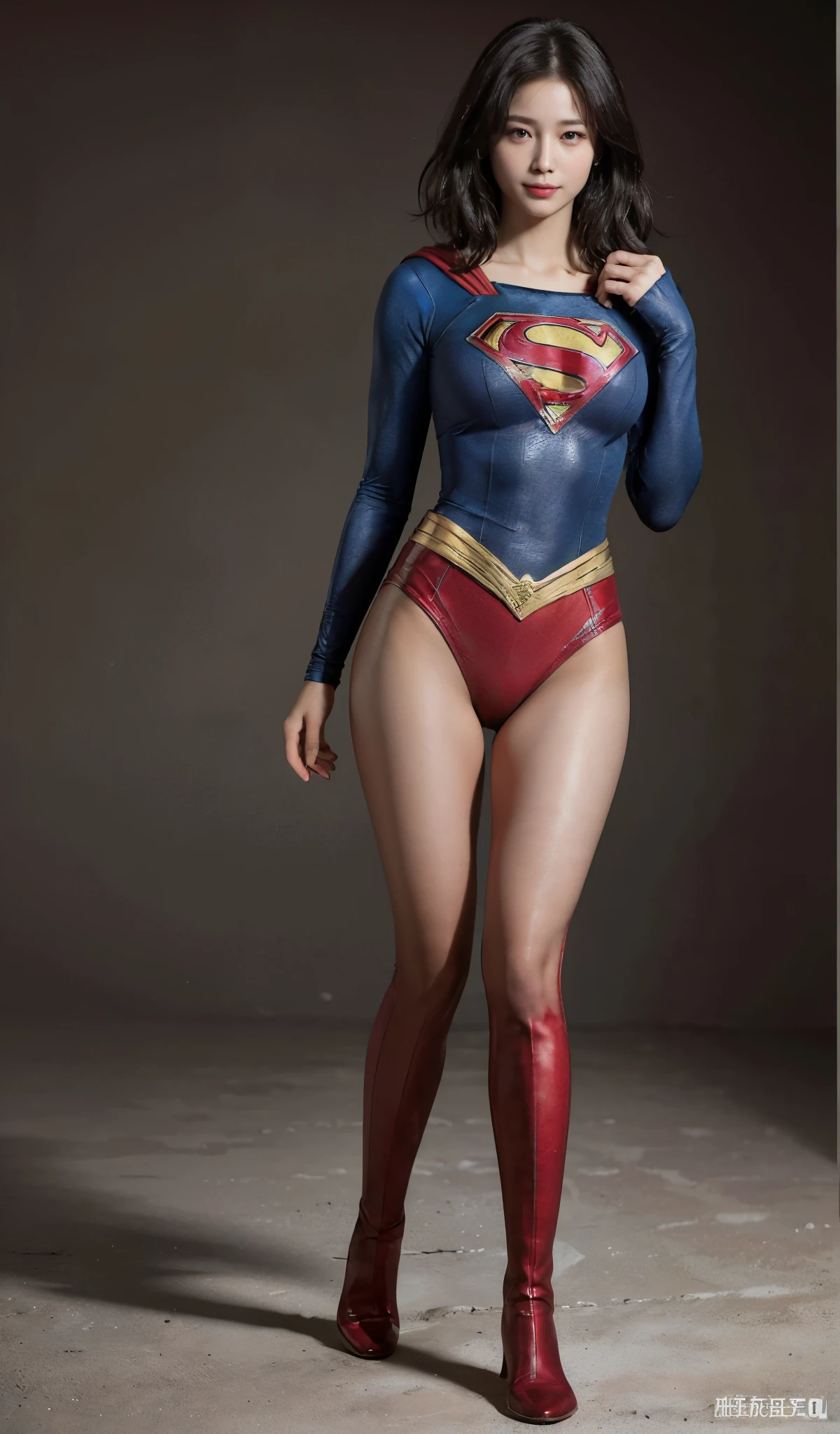 No background、(((Beautiful legs in black tights.)))、(((Legally express the beauty of your smile)))、((((Make the most of your original images)))、(((Supergirl Costume)))、(((Beautiful short bob hair)))、(((suffering)))、(((Please wear black tights....、Wear red boots)))、((Best image quality、8k))、((highest quality、8k、masterpiece:1.3))、(((Preserve background )))、Sharp focus:1.2、Beautiful woman with perfect figure:1.4、Slim Abs:1.2、Wet body:1.5、Highly detailed face and skin texture、8k