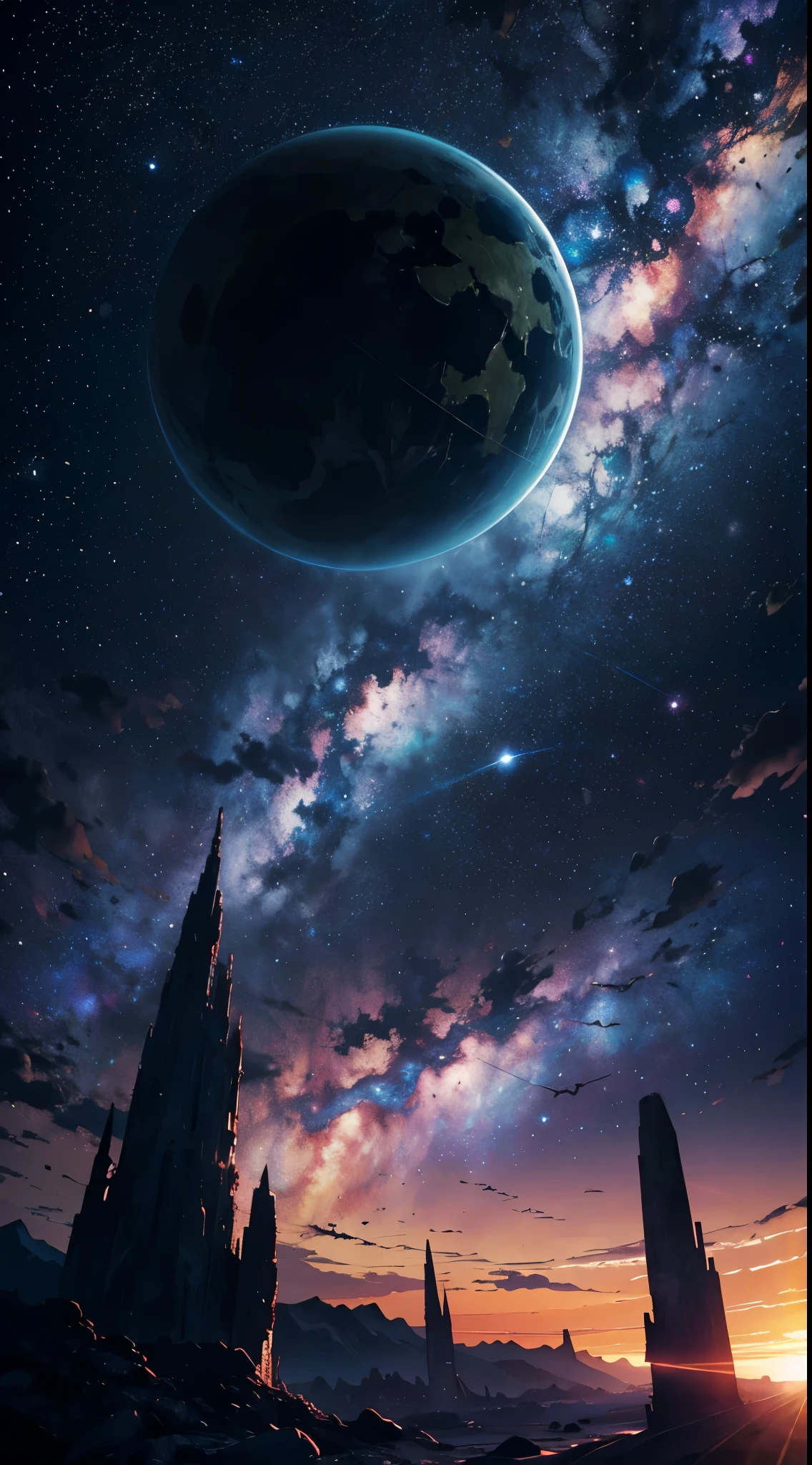 kosmisch horror, hyperfilmisches Kunstwerk eines Astronauten auf einem fremden Planeten, dramatic exaggerated colors, beautiful lighting, extreme Beschattung, Epos, Atemberaubend, Lichtstrahlen, Abonnieren, badass, kosmisch, Sternenstaubwind, eine seltsame Landschaft, Tiefe, tolle Komposition,surrealer Himmel, Fluch