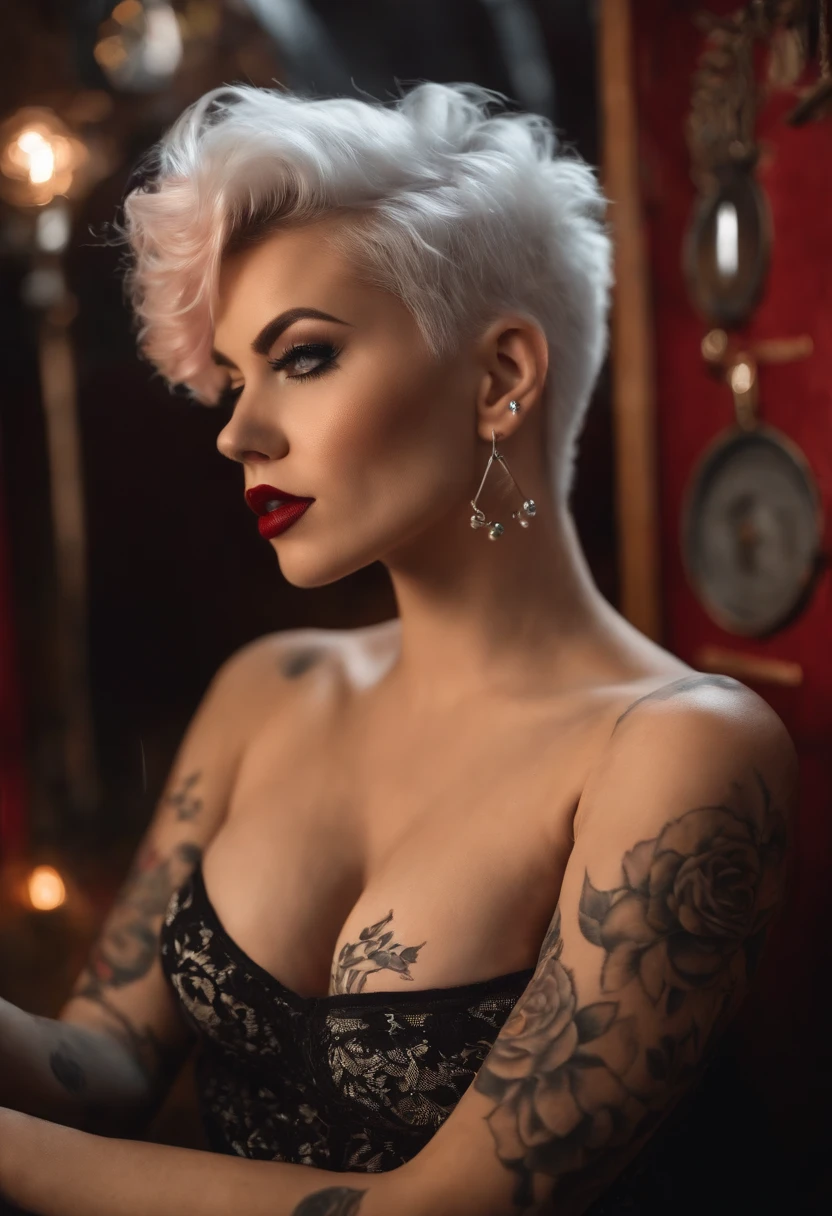 beautiful woman,big abs,beautiful face, semi transparent dress, beautiful woman,Une mauvaise fille charismatique, photo de tout le corps,Naked woman white hair Pin UP sexy tattoo rain nights punk rock beer sitting on a coffin a red haired beauty, les mains avec désinvolture,dégageant une ambiance rocker insouciante,Femme nue cheveux blancs Pin UP sexy tatouage pluie nuits punk sur un cercueil , look ass, sextape, jouit, orgasme, suce sex masculin